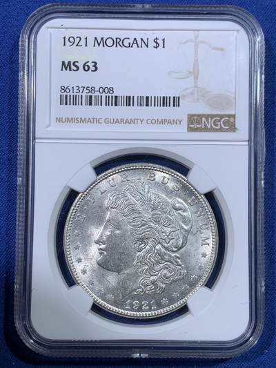 《竞宝斋》第428场 周日，周一  2场连拍 （全场包邮） - NGC MS63 美国1921年摩根银币，转光好品。