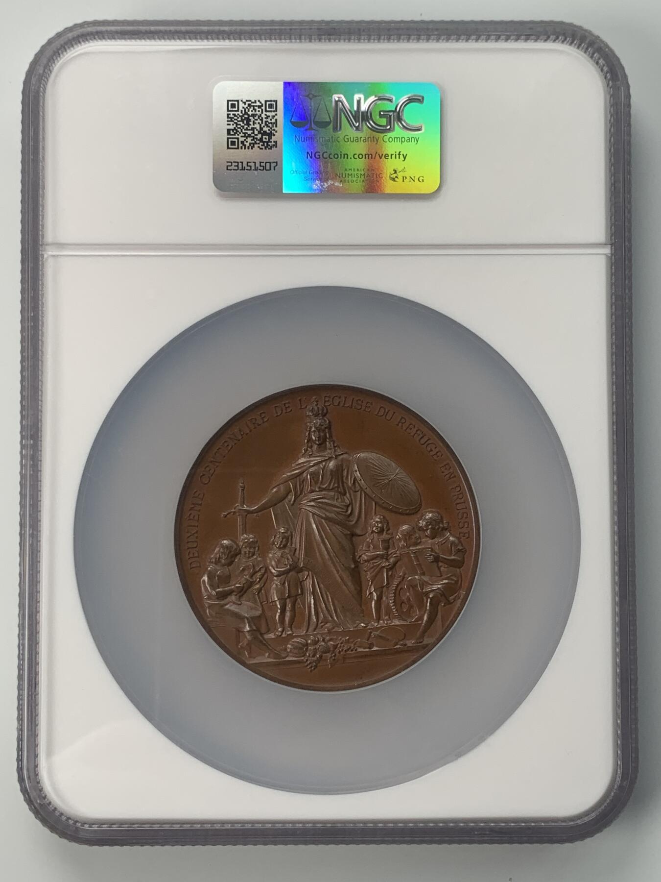 掌中浮雕-藏着的欧洲第037场 NGC MS64 ：1885年德国普鲁士胡根诺教派200周年纪念大选帝侯和威廉一世大铜章， 61mm   