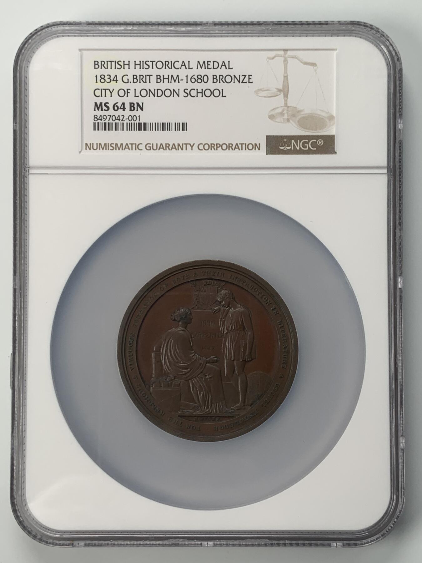 掌中浮雕-藏着的欧洲第037场 NGC MS64 : 1834年英国伦敦城市学院建成铜章 , 58mm