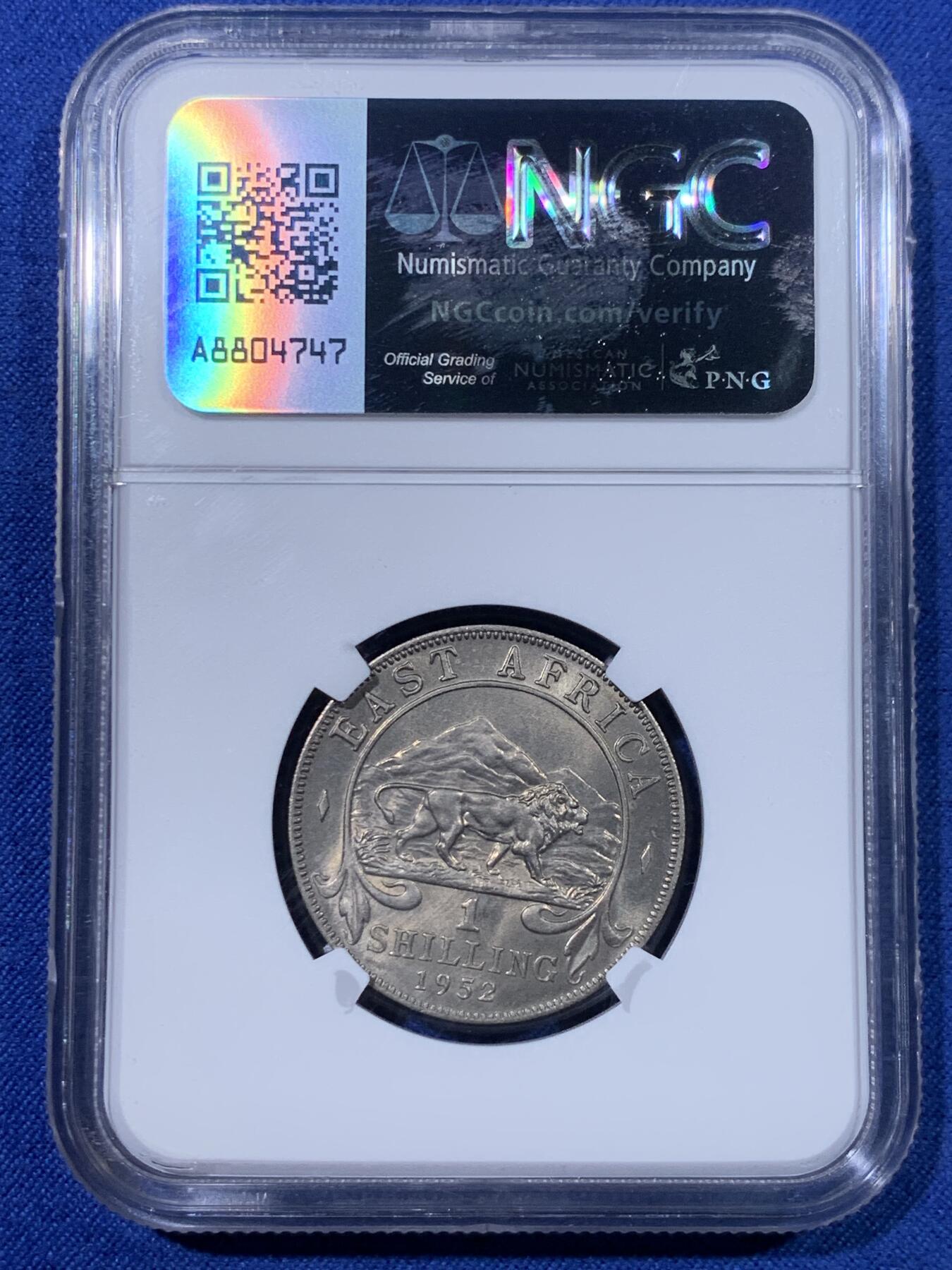 《竞宝斋》第428场 周日，周一  2场连拍 （全场包邮） NGC MS65 英属东非1952年乔六1先令 拆卷评级 季军分