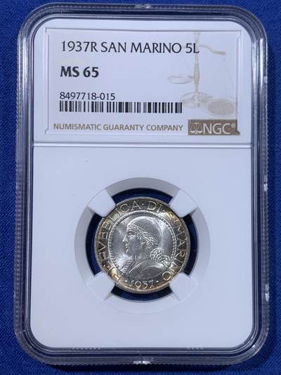 《竞宝斋》第428场 周日，周一  2场连拍 （全场包邮） - NGC MS65 圣马力诺1937年R女神半身像5里拉银币 高分极美