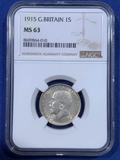 《竞宝斋》第428场 周日，周一  2场连拍 （全场包邮） - NGC MS63 英国1915年乔治五世1先令 早期高银版 原光原味 好看的狮子