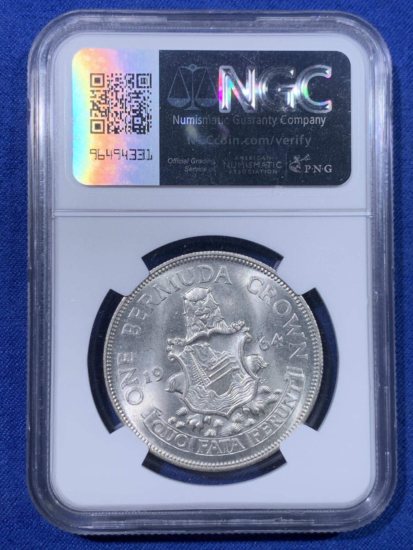 《竞宝斋》第428场 周日，周一  2场连拍 （全场包邮） NGC MS65 百慕大1964年1克朗银币，原光状态，银光十足，银价飞涨值得入手