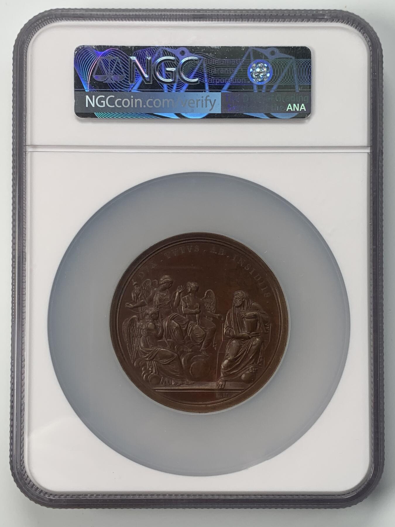 掌中浮雕-藏着的欧洲第037场 NGC MS62 : 1800年意大利刺杀拿破仑事件铜章, 60mm ,Manfredini雕刻，正面为时任法兰西共和国第一执政的拿破仑，此款头像不多见