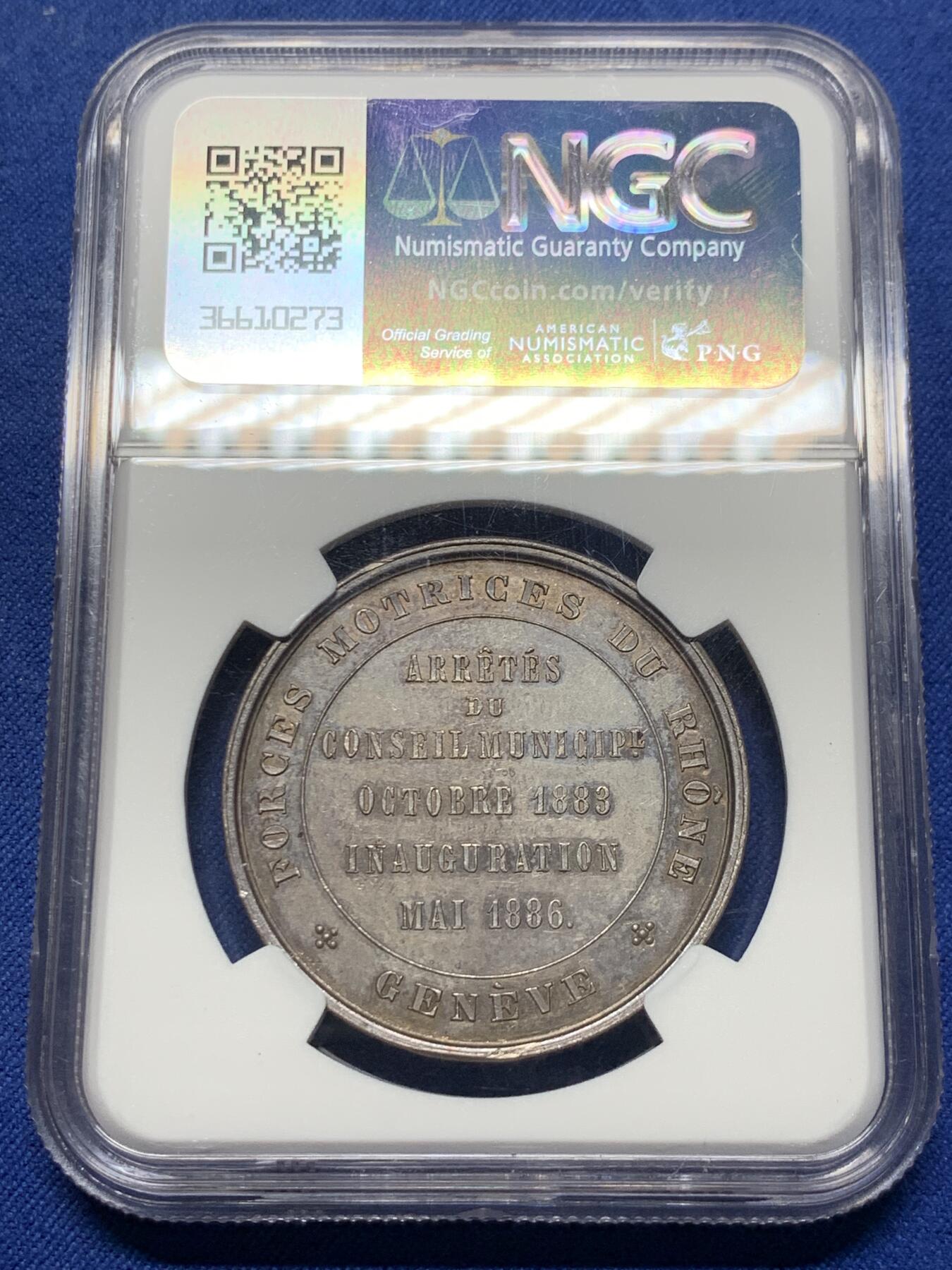 《竞宝斋》第428场 周日，周一  2场连拍 （全场包邮） NGC MS63 瑞士1886年日内瓦市议会会议纪念银章 品种少见