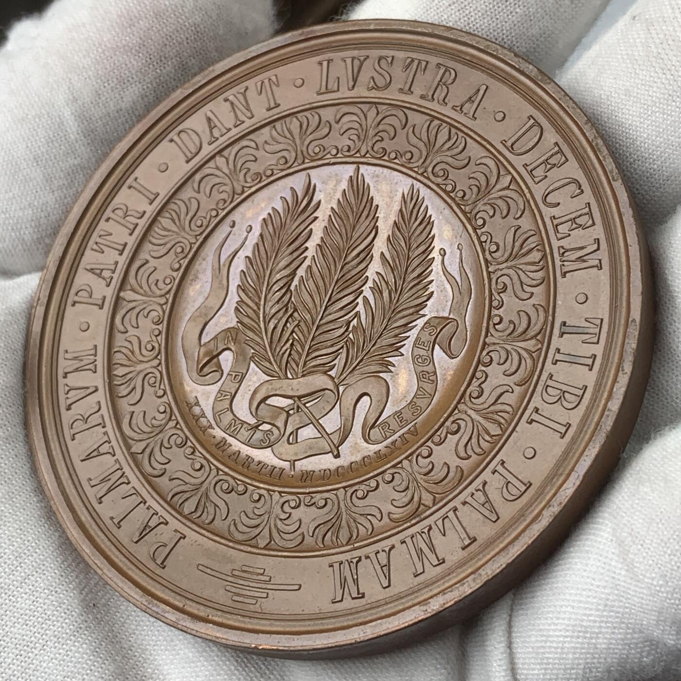 掌中浮雕-藏着的欧洲第037场 1864年植物学家马修斯获得博士学位50周年铜章 70mm，Radnitzky雕刻 , 木质双面玻璃罩盒子