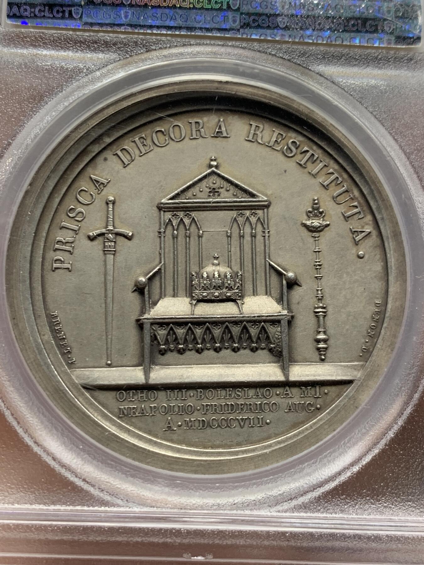 《竞宝斋》第428场 周日，周一  2场连拍 （全场包邮） PCGS SP63 法国拿破仑华沙公国建立银章 唯一评级记录冠军分 双面高浮雕加厚盒