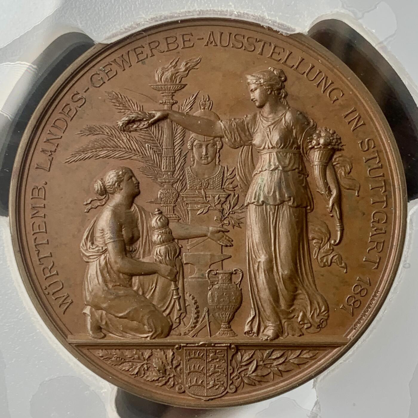 掌中浮雕-藏着的欧洲第037场 PCGS SP63 :1881年德国符腾堡艺术博览会铜章，45mm