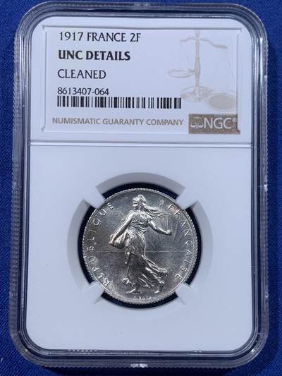 《竞宝斋》第428场 周日，周一  2场连拍 （全场包邮） - NGC UNC 法国1917年播种女神2法郎银币 细节不错