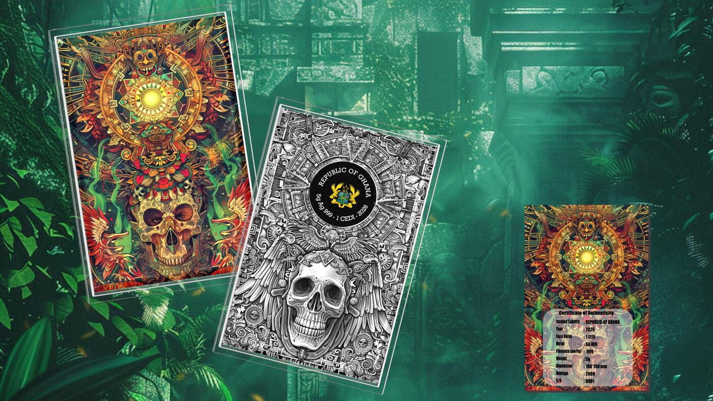 CSIS-GREAT评级精品钱币拍卖第三百二十一期 加纳2026年中美洲遗产系列首枚第五太阳纪骷髅长方形异形双面彩色纪念银币