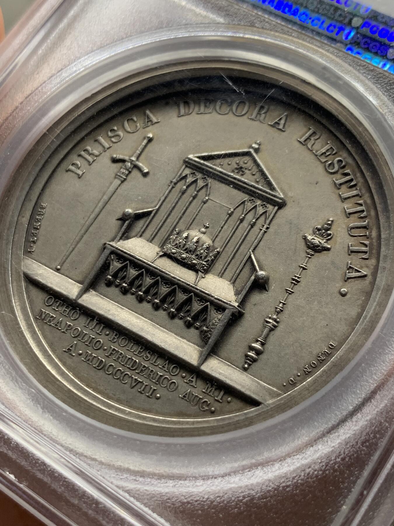 《竞宝斋》第428场 周日，周一  2场连拍 （全场包邮） PCGS SP63 法国拿破仑华沙公国建立银章 唯一评级记录冠军分 双面高浮雕加厚盒