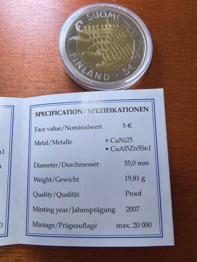 长老汇蛇年精选第六十一场拍卖  2007芬兰独立90周年5欧元铜镍双色精制币，2万枚，盒证全