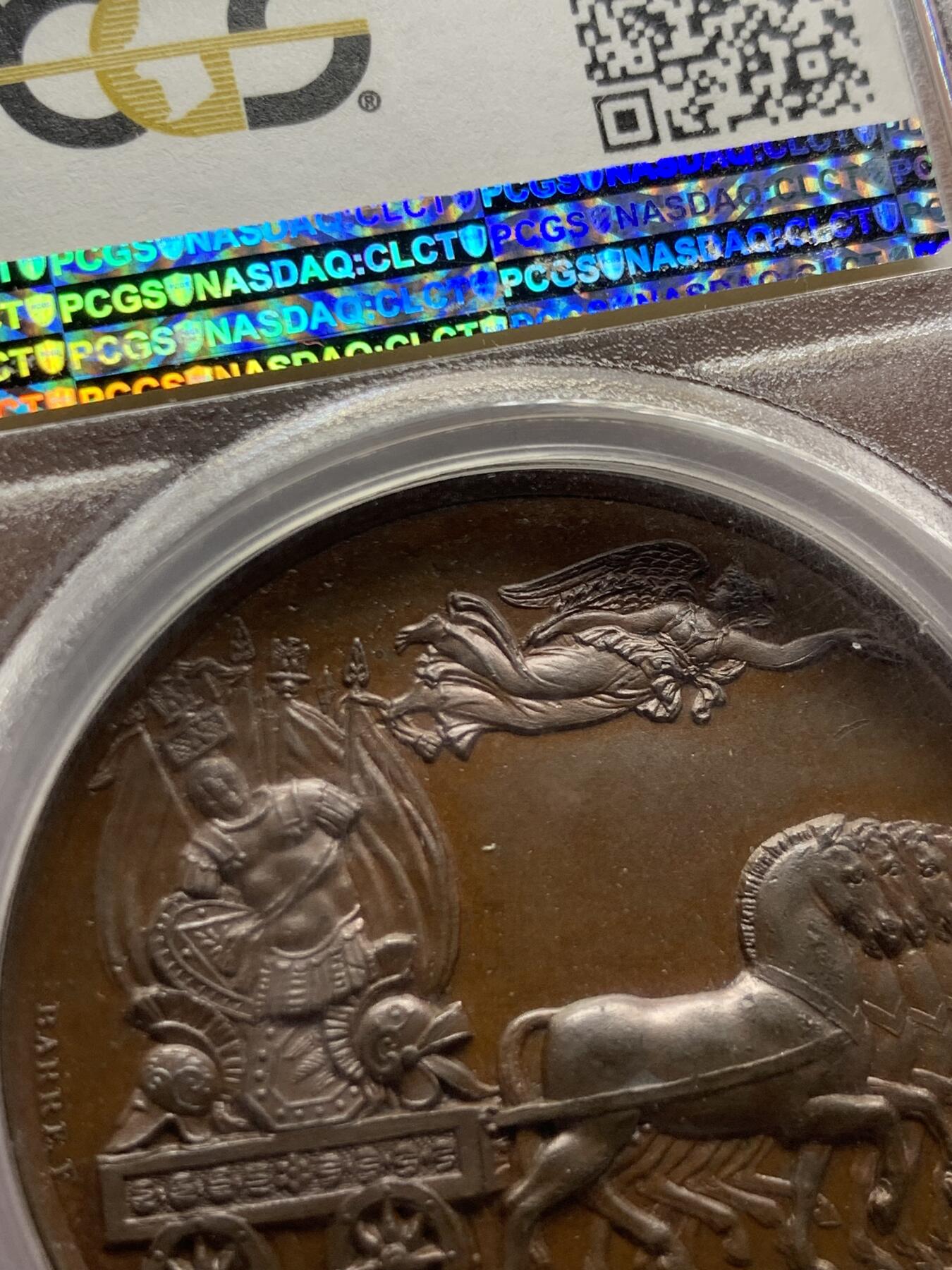《竞宝斋》第428场 周日，周一  2场连拍 （全场包邮） 唯一亚军分 PCGS SP63 1808年半岛战争英国登陆里斯本纪念铜章 双面高浮雕 细节极其精细 PCGS加厚盒 盒子轻微模糊 章状态非常好
