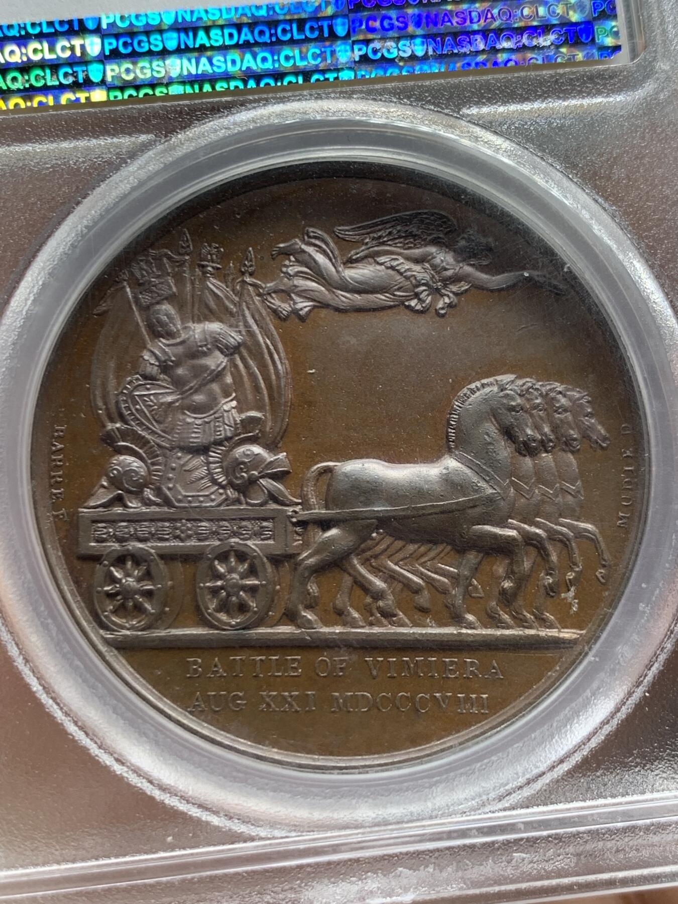 《竞宝斋》第428场 周日，周一  2场连拍 （全场包邮） 唯一亚军分 PCGS SP63 1808年半岛战争英国登陆里斯本纪念铜章 双面高浮雕 细节极其精细 PCGS加厚盒 盒子轻微模糊 章状态非常好