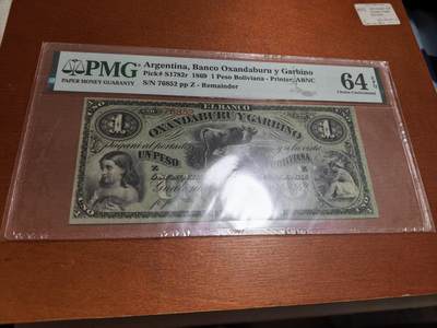 长老汇蛇年精选第六十一场拍卖 1869阿根廷1比索单面纸钞，PMG 64，百年纸钞
