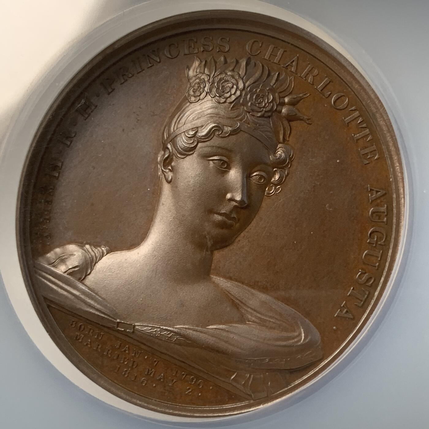掌中浮雕-藏着的欧洲第037场 NGC MS64 : 1817年英国国王乔治四世唯一的孩子夏洛特公主去世纪念铜章，50mm