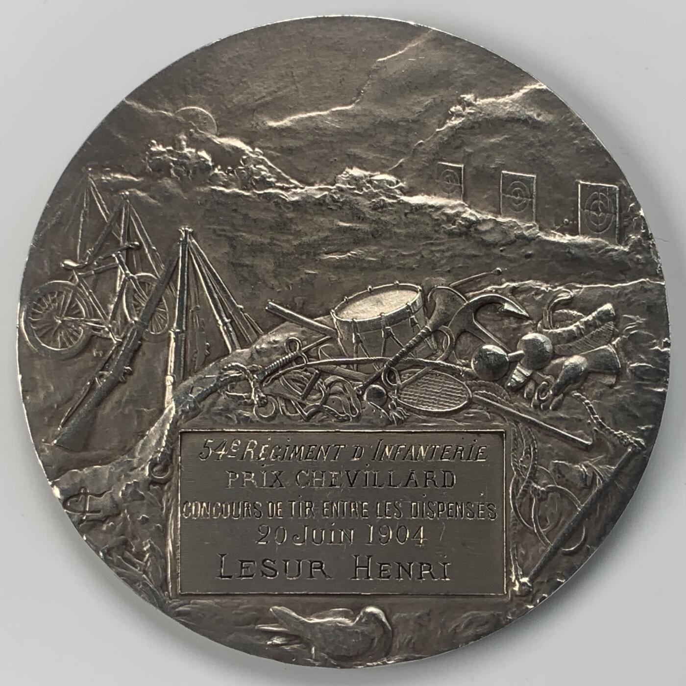 掌中浮雕-藏着的欧洲第037场 1904年法国第54步兵团射击比赛优胜大银章，68mm，重140g，雕刻家L.Coudray经典作品