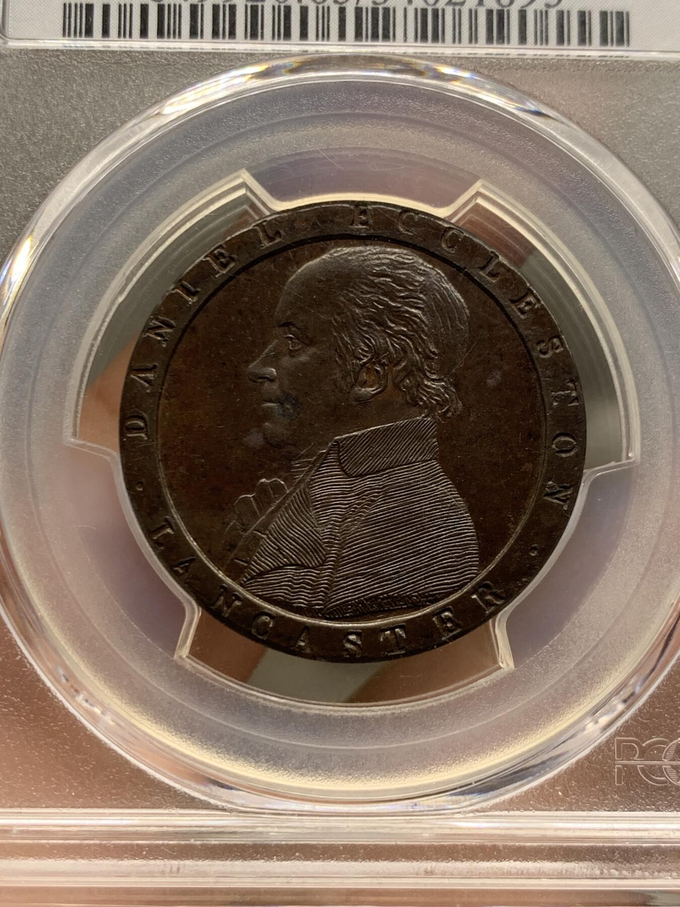 《竞宝斋》第428场 周日，周一  2场连拍 （全场包邮） PCGS PR63 英国1794年兰开斯特半便士铜代币 Conder Token，首见精制版本 SOHO厂制作，大车轮便士技术鼻祖，最早采用宽边铭技术的钱币