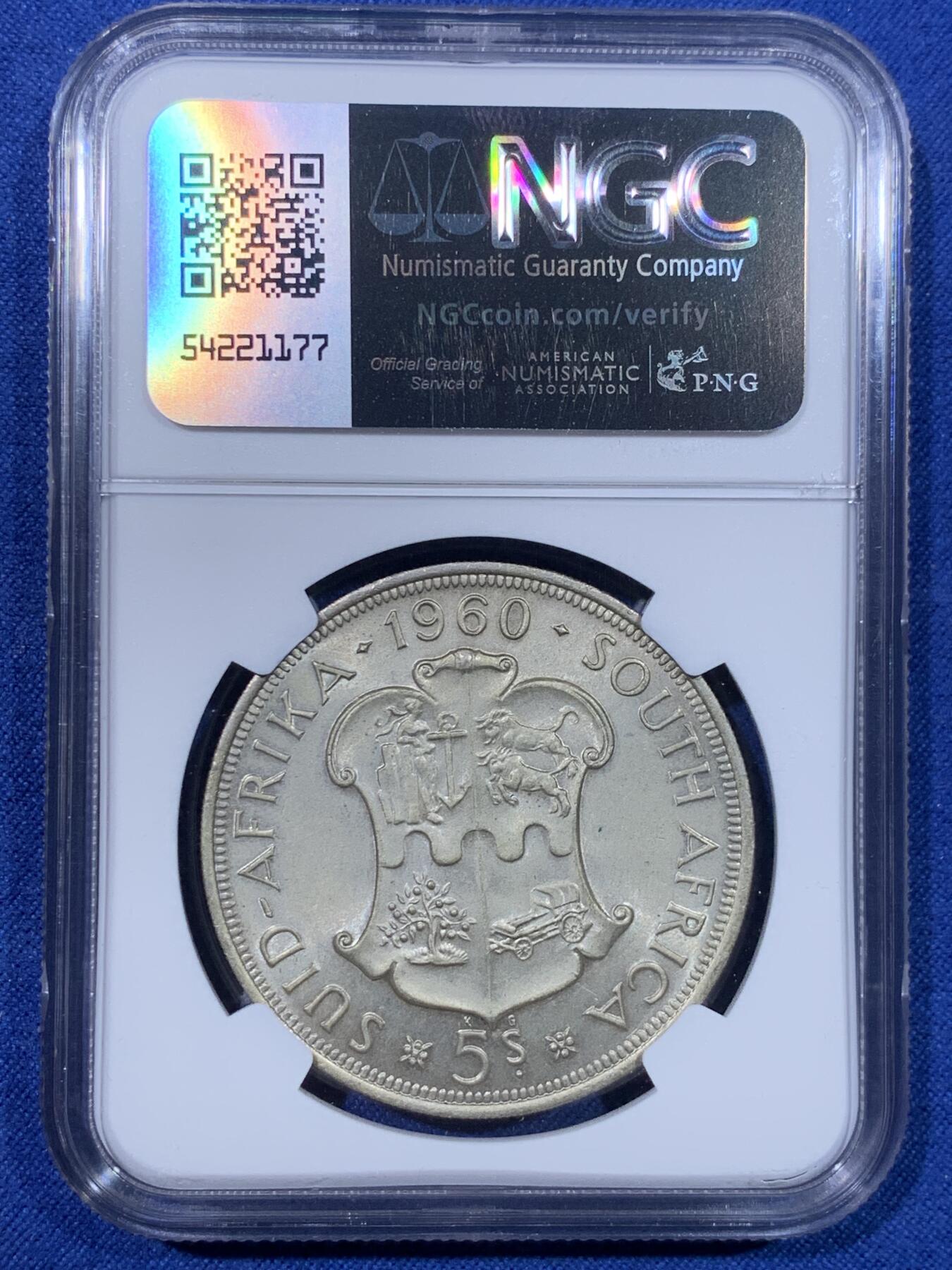 《竞宝斋》第428场 周日，周一  2场连拍 （全场包邮） NGC MS64 南非1960年联盟成立50周年5先令大银币 丝滑底板 低评明显