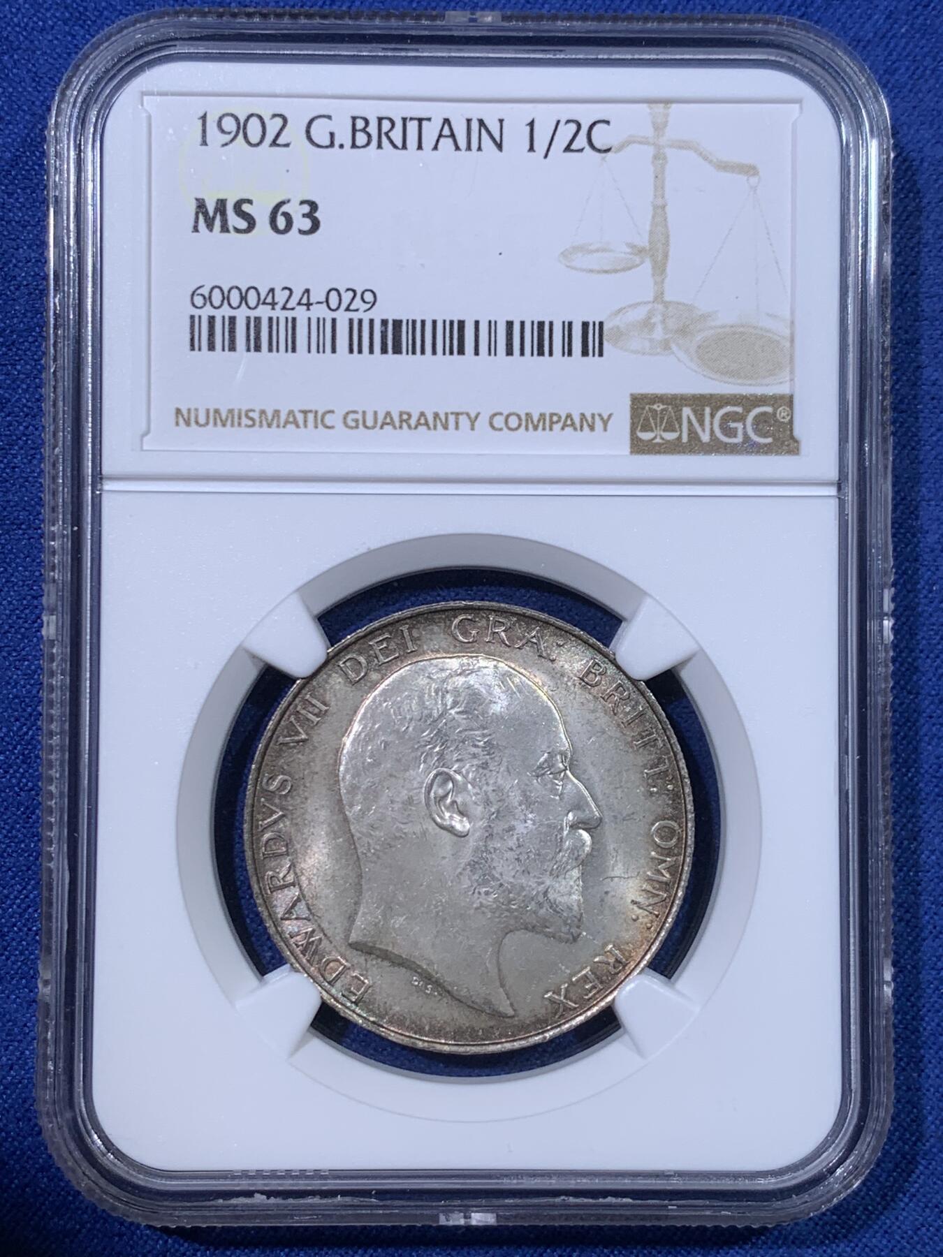 《竞宝斋》第428场 周日，周一  2场连拍 （全场包邮） NGC MS63 英国1902年爱德华七世半克朗银币，流通版本，双面环彩，银光丝滑粉润，状态极佳。爱七半克朗流通版高分比精制版少见，高品难得
