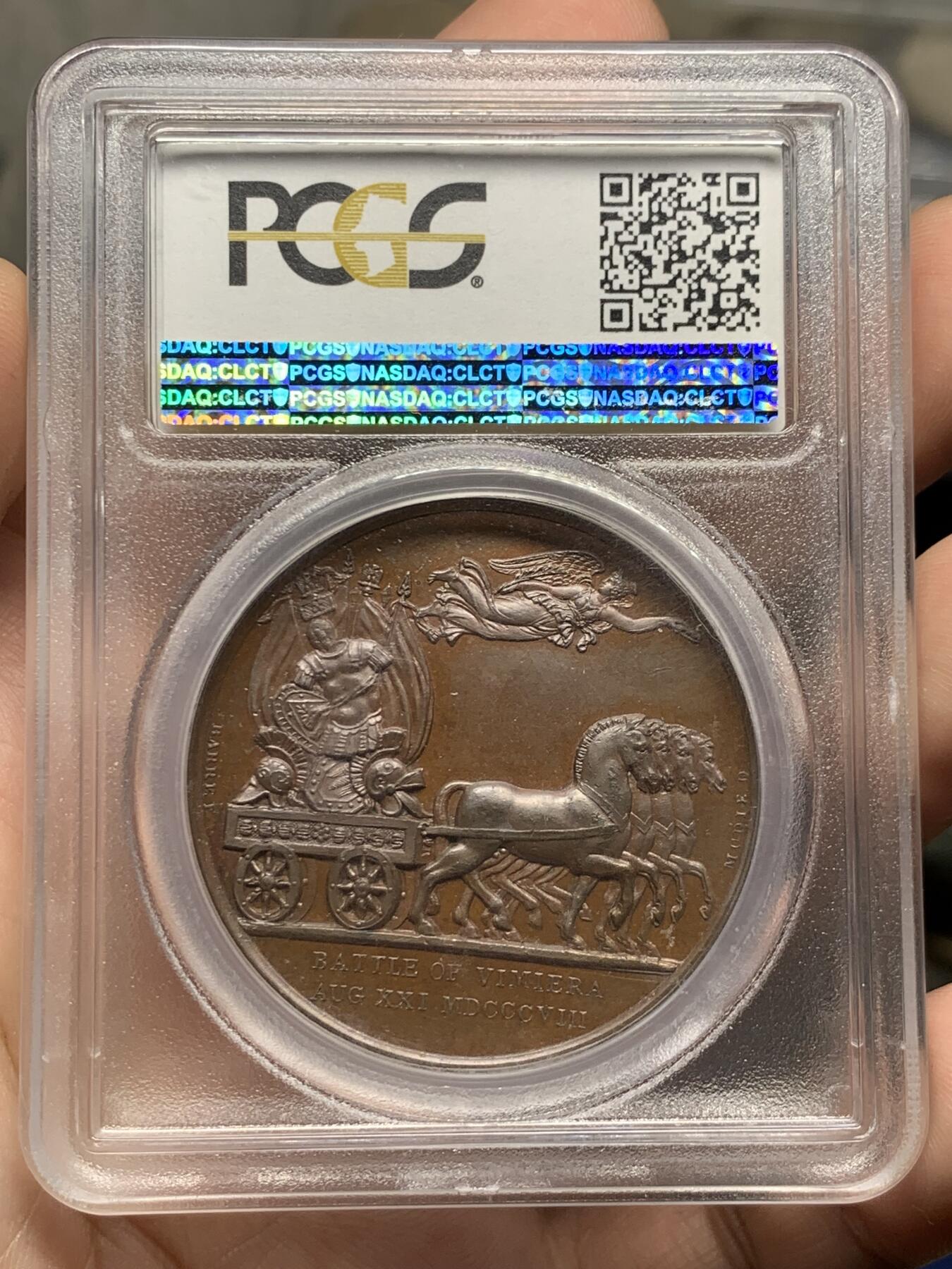 《竞宝斋》第428场 周日，周一  2场连拍 （全场包邮） 唯一亚军分 PCGS SP63 1808年半岛战争英国登陆里斯本纪念铜章 双面高浮雕 细节极其精细 PCGS加厚盒 盒子轻微模糊 章状态非常好
