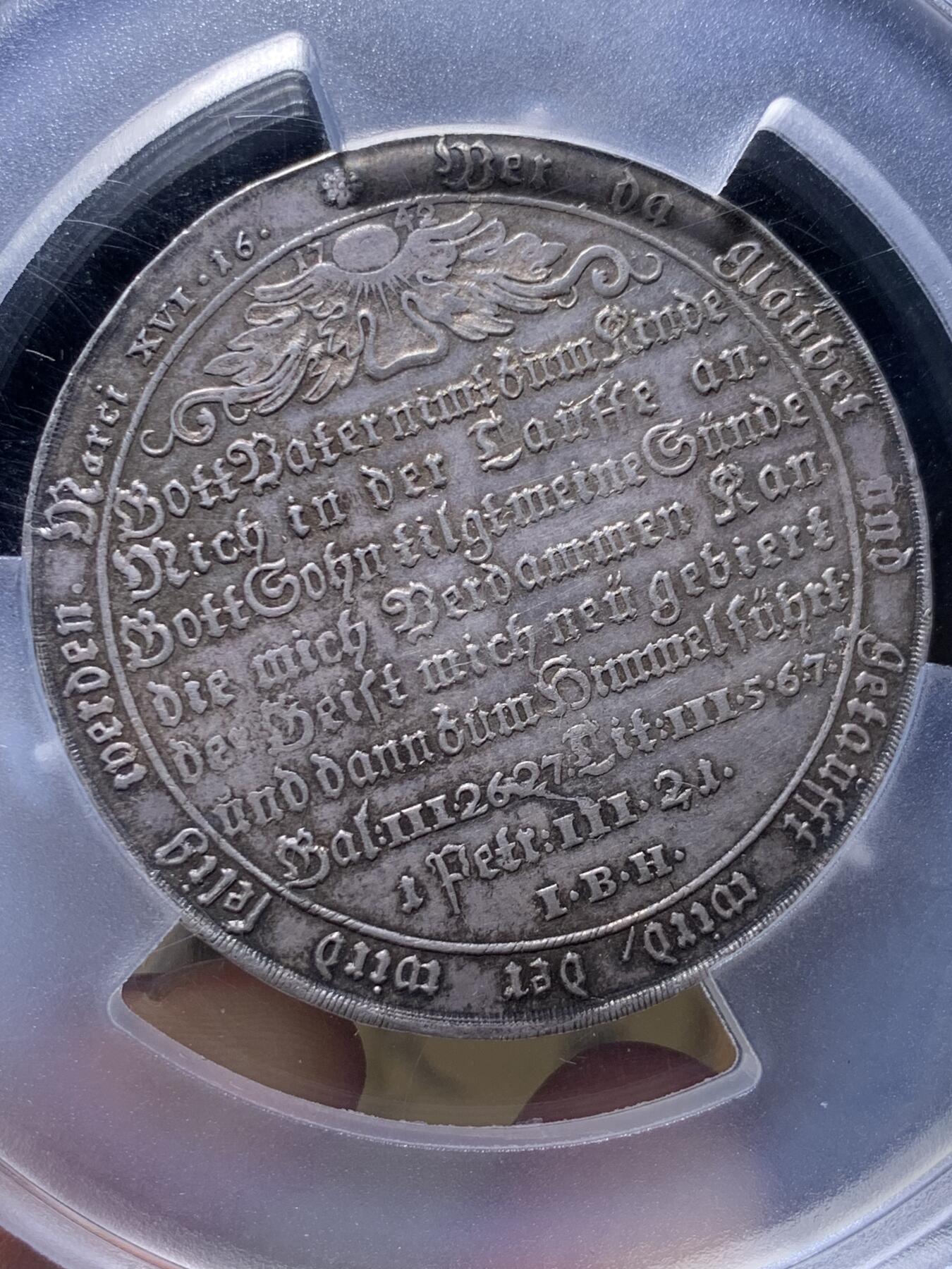 《竞宝斋》第428场 周日，周一  2场连拍 （全场包邮） PCGS AU50 德国 1742-IBH 哈茨洗礼大型泰勒银币 五彩包浆 状态好 低评 稀少版 外网VF品相625欧元成交 PCGS加大盒