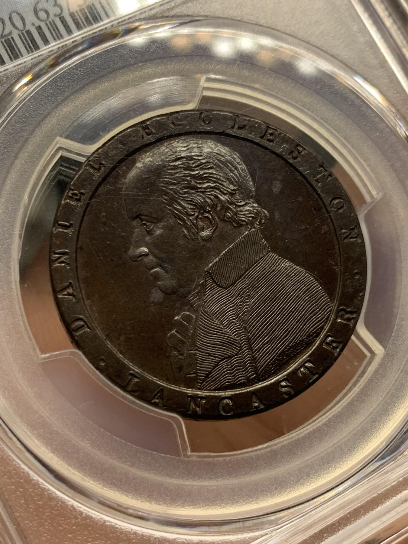 《竞宝斋》第428场 周日，周一  2场连拍 （全场包邮） PCGS PR63 英国1794年兰开斯特半便士铜代币 Conder Token，首见精制版本 SOHO厂制作，大车轮便士技术鼻祖，最早采用宽边铭技术的钱币