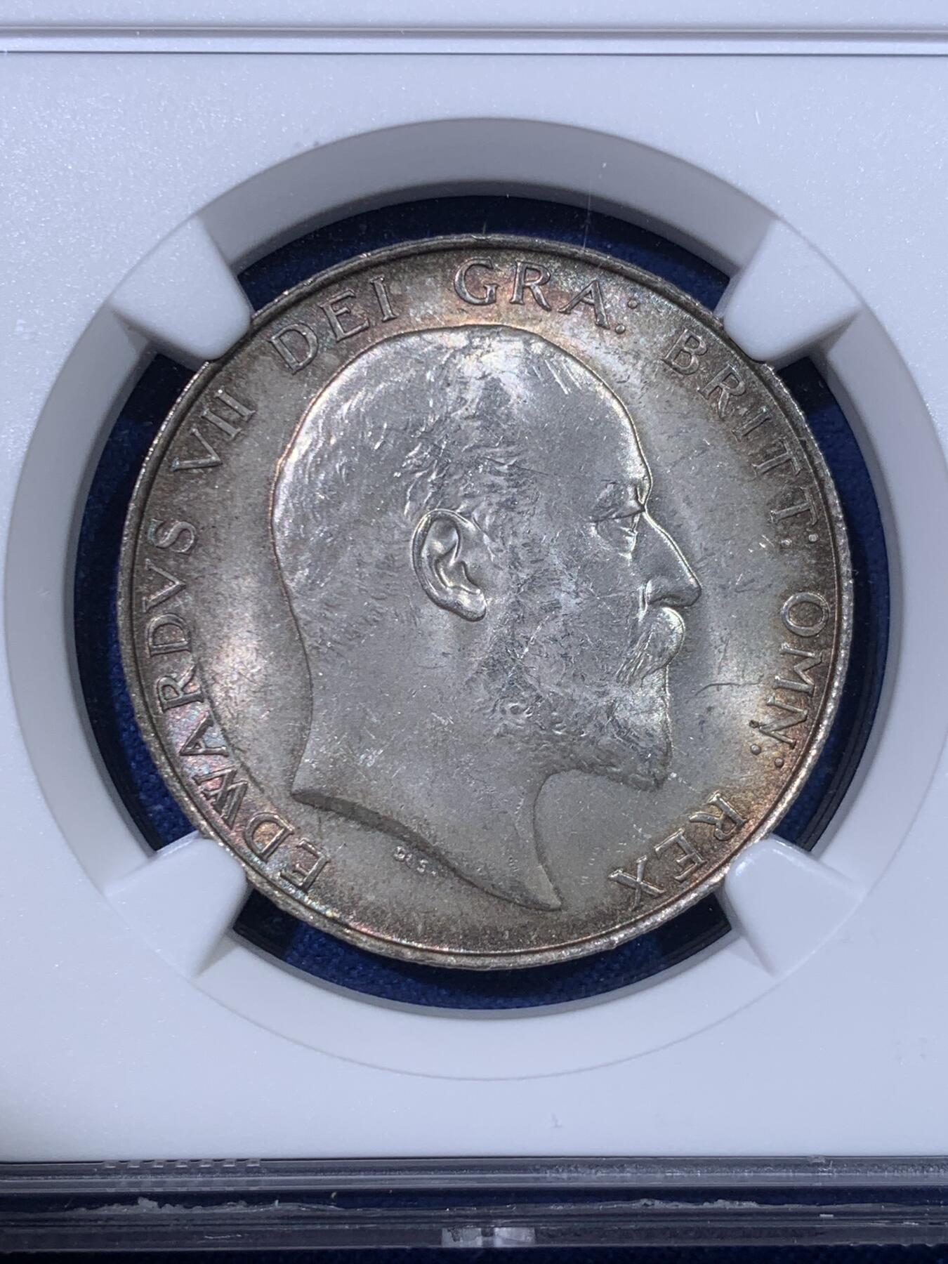 《竞宝斋》第428场 周日，周一  2场连拍 （全场包邮） NGC MS63 英国1902年爱德华七世半克朗银币，流通版本，双面环彩，银光丝滑粉润，状态极佳。爱七半克朗流通版高分比精制版少见，高品难得