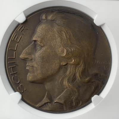 掌中浮雕-藏着的欧洲第037场 - NGC MS64 : 1934年德国作家弗里德里希•冯•席勒诞辰175周年铜章，40mm；  卡尔•歌茨作品集KIENAST#500