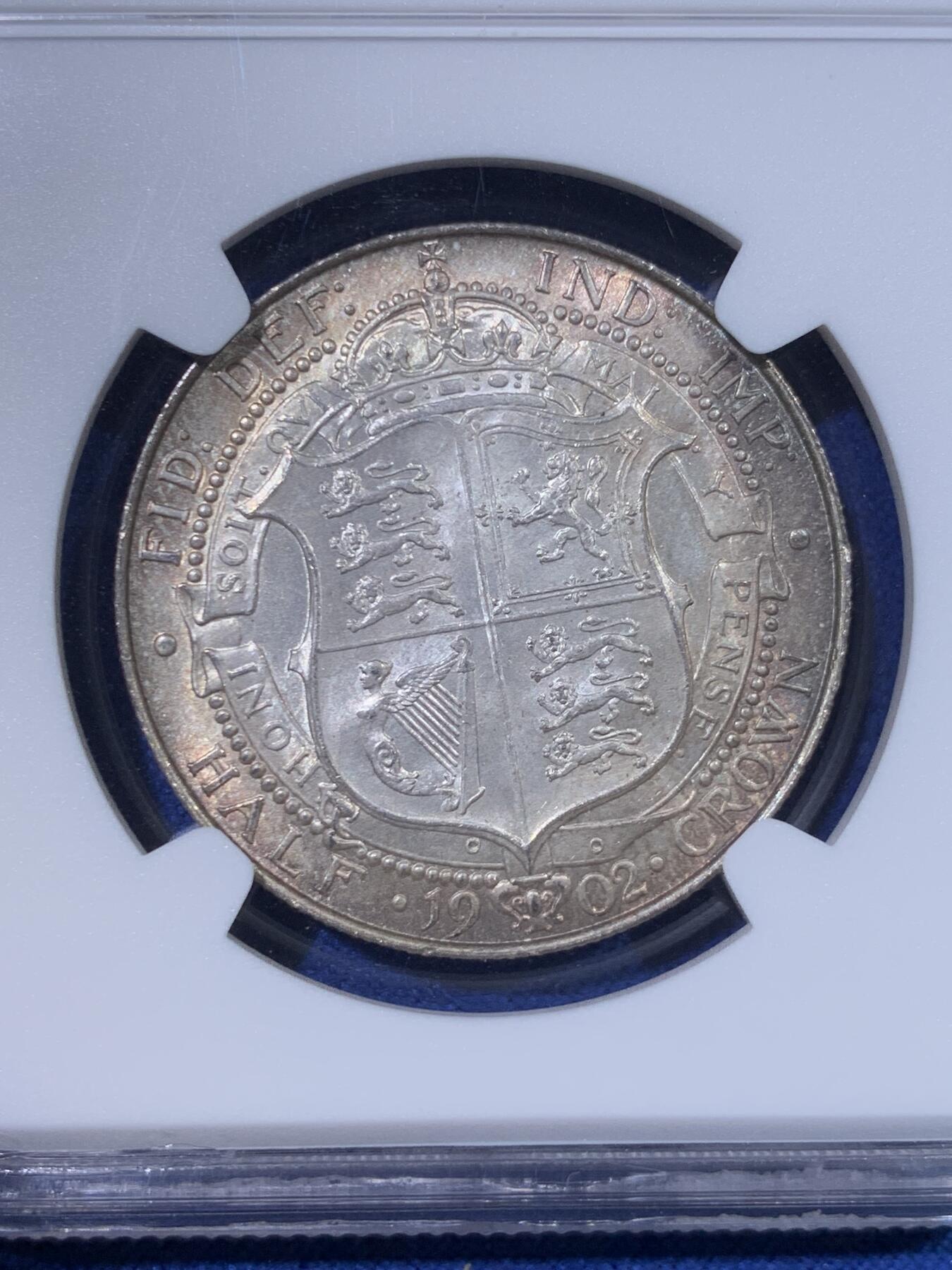 《竞宝斋》第428场 周日，周一  2场连拍 （全场包邮） NGC MS63 英国1902年爱德华七世半克朗银币，流通版本，双面环彩，银光丝滑粉润，状态极佳。爱七半克朗流通版高分比精制版少见，高品难得