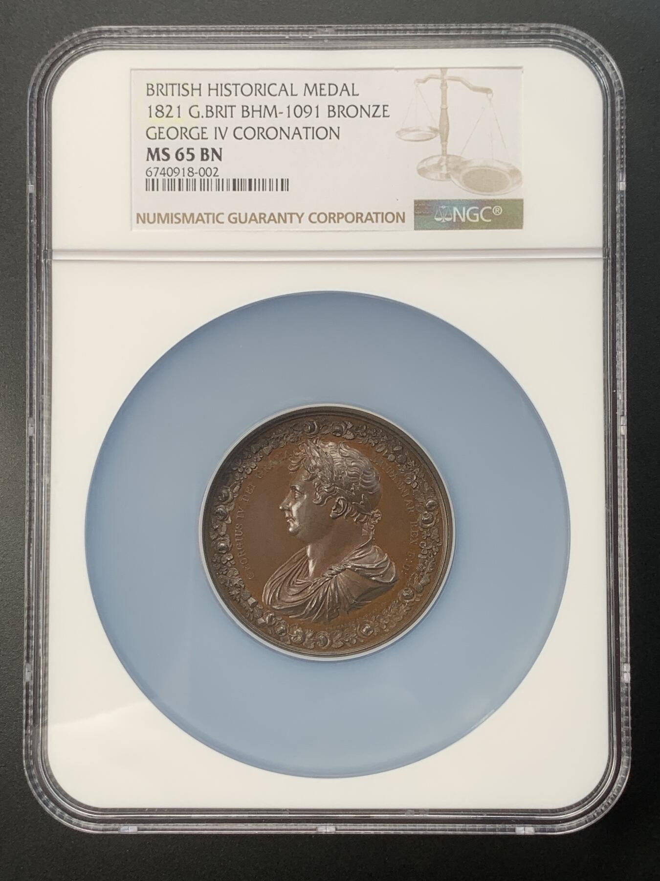 掌中浮雕-藏着的欧洲第037场 NGC MS65 : 1821年英王乔治四世加冕礼(花环版)铜章，雕模师William Wyon，54mm