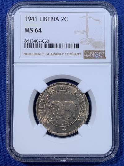 《竞宝斋》第428场 周日，周一  2场连拍 （全场包邮） - NGC MS64 利比里亚1941年2分镍币 大象图案 拆卷评级车轮光状态