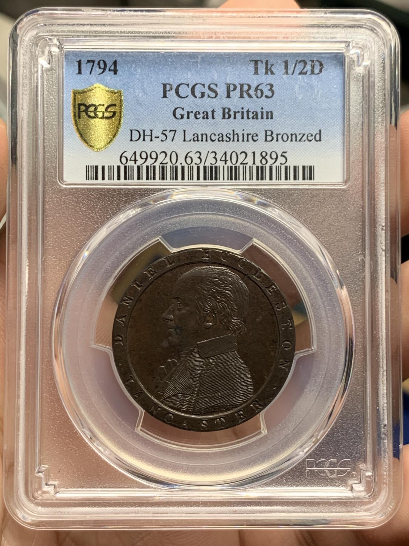《竞宝斋》第428场 周日，周一  2场连拍 （全场包邮） PCGS PR63 英国1794年兰开斯特半便士铜代币 Conder Token，首见精制版本 SOHO厂制作，大车轮便士技术鼻祖，最早采用宽边铭技术的钱币