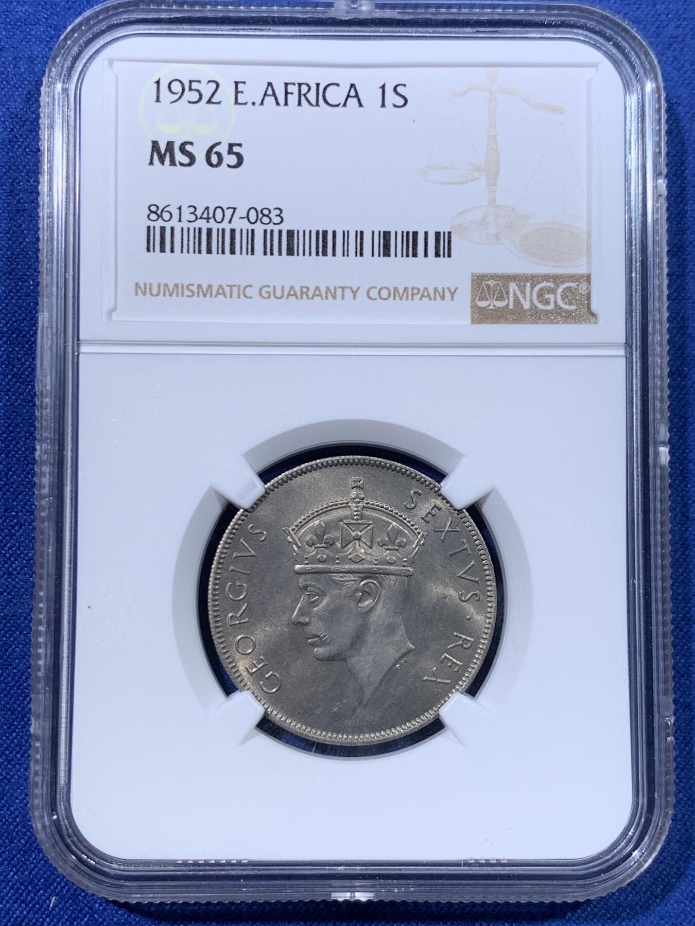 《竞宝斋》第428场 周日，周一  2场连拍 （全场包邮） NGC MS65 英属东非1952年乔六1先令 拆卷评级 季军分