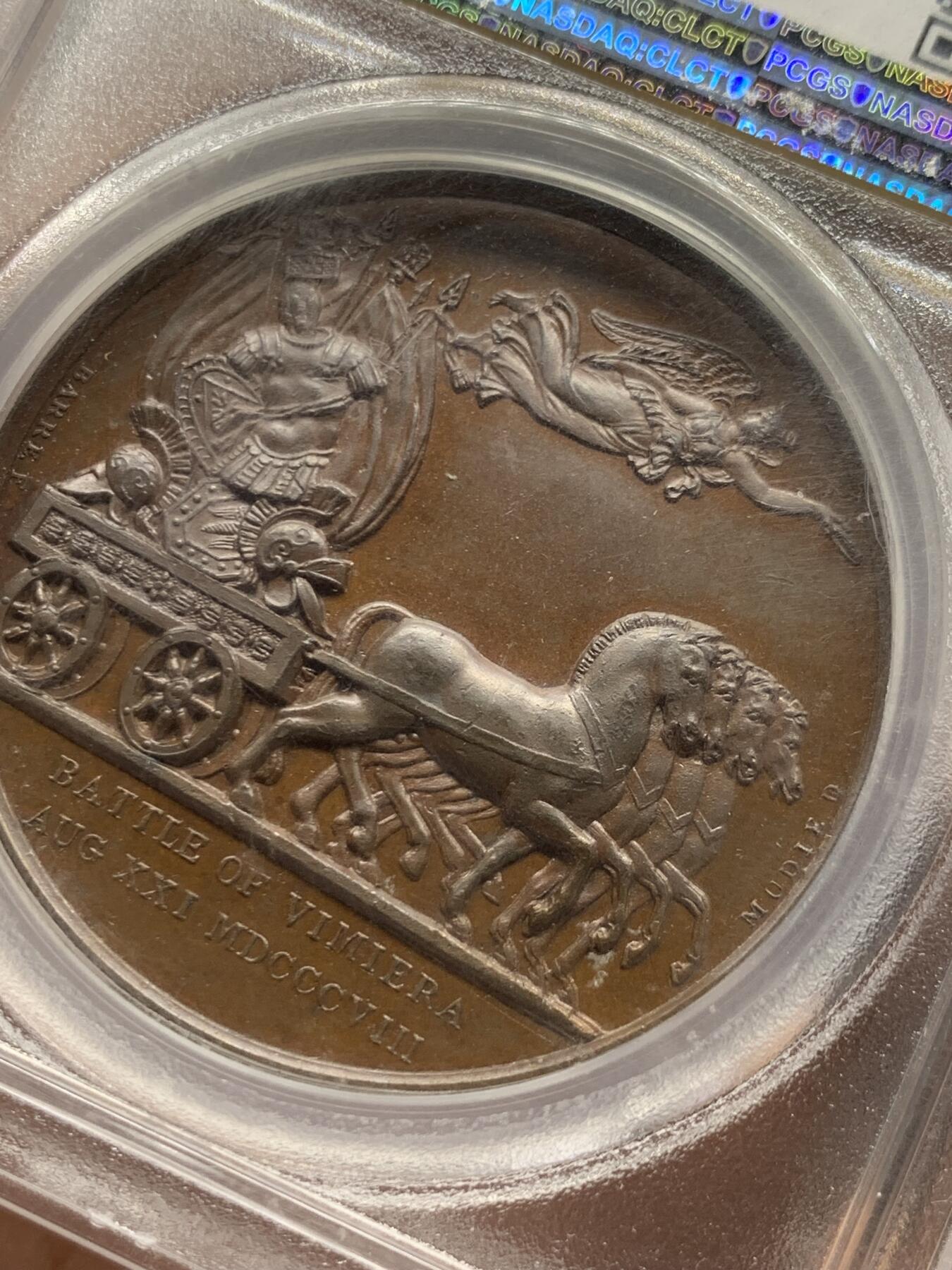 《竞宝斋》第428场 周日，周一  2场连拍 （全场包邮） 唯一亚军分 PCGS SP63 1808年半岛战争英国登陆里斯本纪念铜章 双面高浮雕 细节极其精细 PCGS加厚盒 盒子轻微模糊 章状态非常好