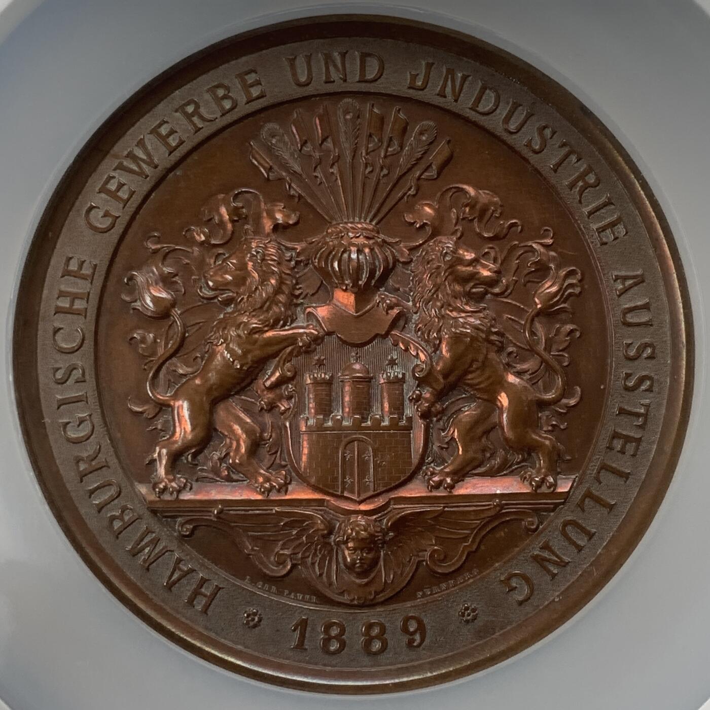 掌中浮雕-藏着的欧洲第037场 NGC UNC : 1889年德国汉堡工商业展览会纪念大铜章，70mm