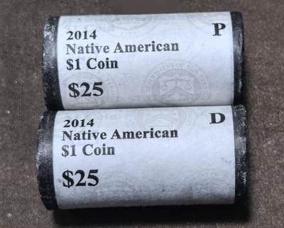 北京马甸外国币专卖第145期，外国币专场，陆续上拍，欢迎关注 美国2014年1美元原卷币25枚/卷，D版，P版各一卷，一共50枚