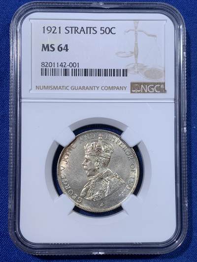 《竞宝斋》第428场 周日，周一  2场连拍 （全场包邮） - NGC MS64 英属海峡1921年乔治五世50分银币，BU转光品，底板丝滑，些许包浆更添韵味，收藏级品质。同时期的一元价格已飙升，50分仍有增长空间