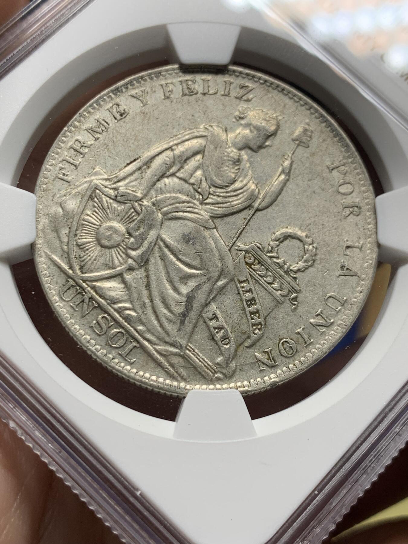 《竞宝斋》第428场 周日，周一  2场连拍 （全场包邮） NGC AU53 秘鲁1934年坐人女神1索尔银币