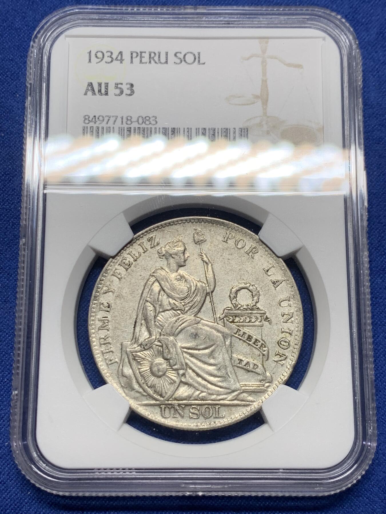 《竞宝斋》第428场 周日，周一  2场连拍 （全场包邮） NGC AU53 秘鲁1934年坐人女神1索尔银币