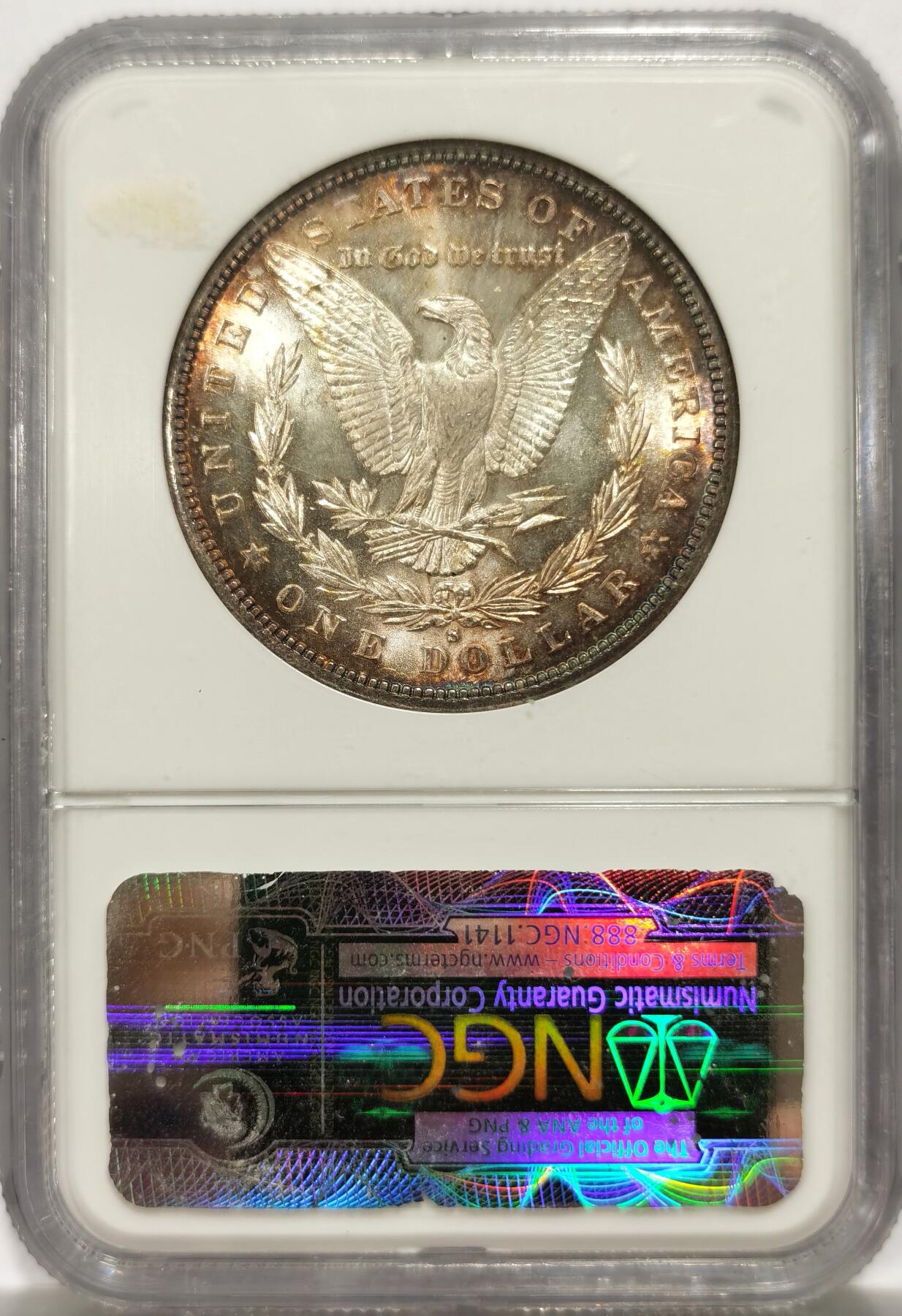博洋堂世界钱币拍卖第143期（全场包邮） NGC MS64 美国1881年摩根银币S版，原汁原味双面五彩老包浆，包浆醇厚润泽又犀利，打制精美，状态一流。N盒老白盒，状态和品质不输现在的65分。