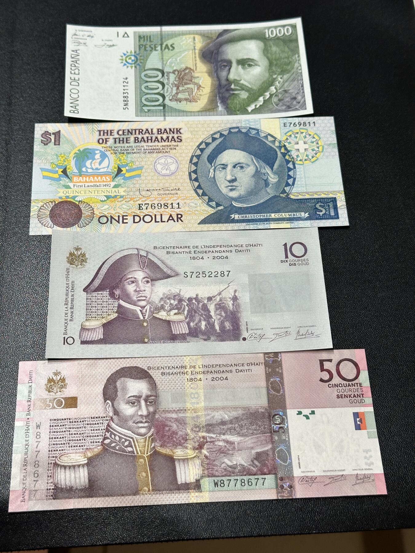 《外钞收藏家》第五百七十五期（本期精选丰富品种好货、欢迎参加）（本平台长期征集拍品、欢迎藏友们联系合作） 西班牙1000比塞塔、巴哈马1纪念钞、海地2张 一起 全新UNC