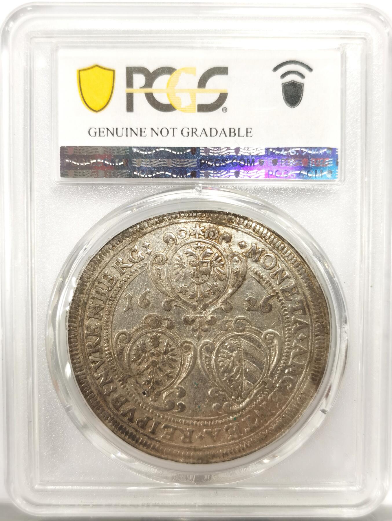 博洋堂世界钱币拍卖第143期（全场包邮） PCGS UNCD 神罗纽伦堡1626年双头鹰大泰勒银币，四百年老银币，打制清晰，羽毛饱满。