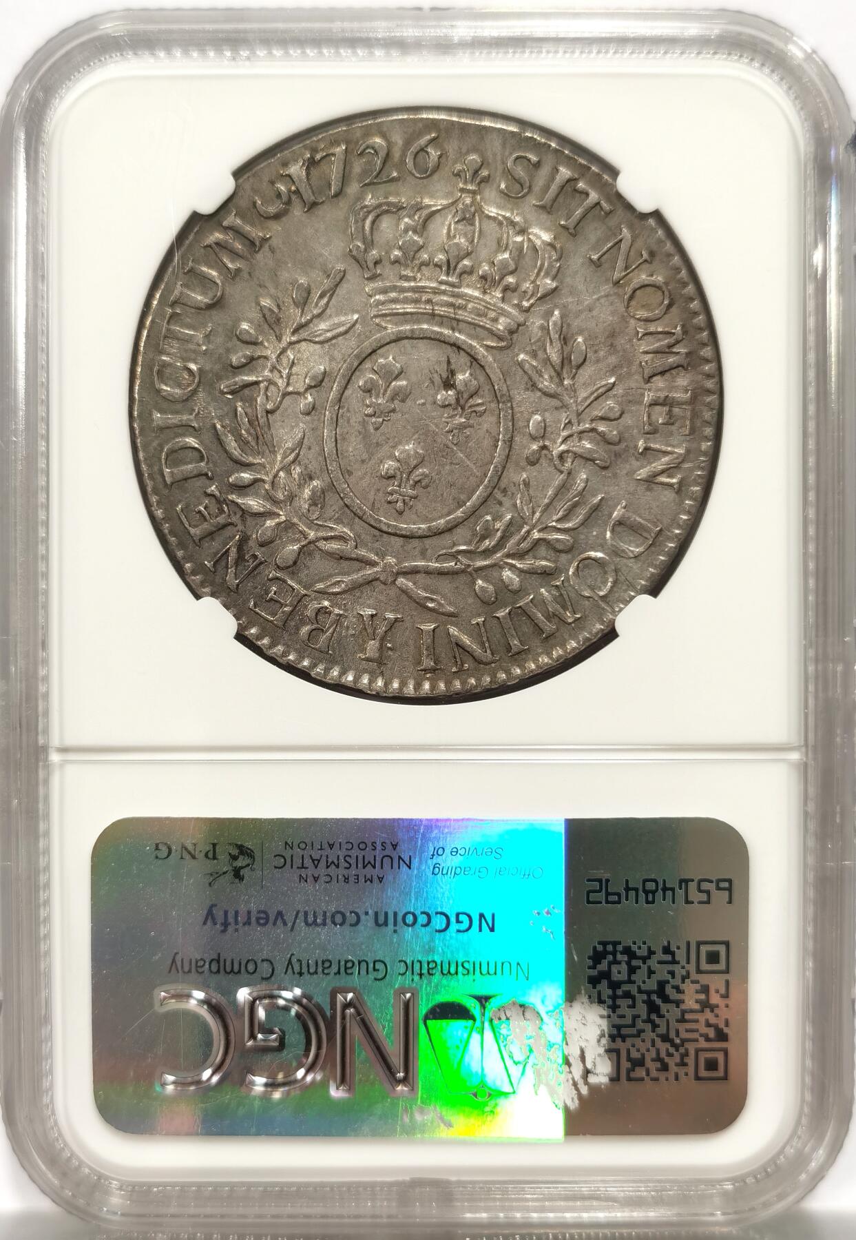 博洋堂世界钱币拍卖第143期（全场包邮） NGC AU55 法国1726年路易十五大银币，三百年的老银币，包浆原汁原味，状态精美。