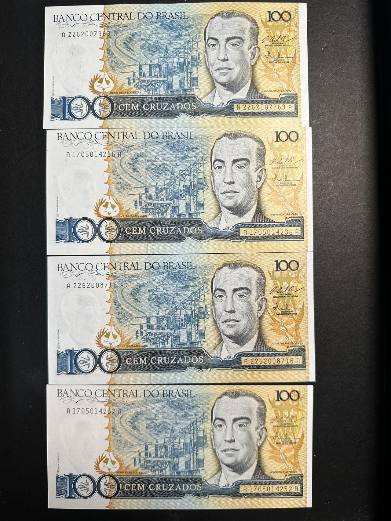 蒂克钱币-第44场 外国平价纸币 自动拍 巴西 100克鲁扎多 纸币 四枚 全新UNC