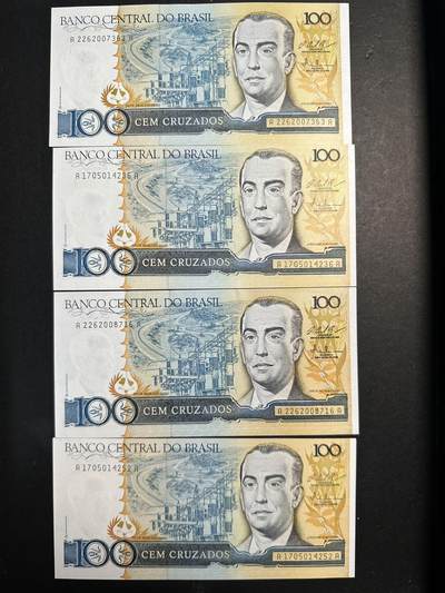 蒂克钱币-第44场 外国平价纸币 自动拍 - 巴西 100克鲁扎多 纸币 四枚 全新UNC