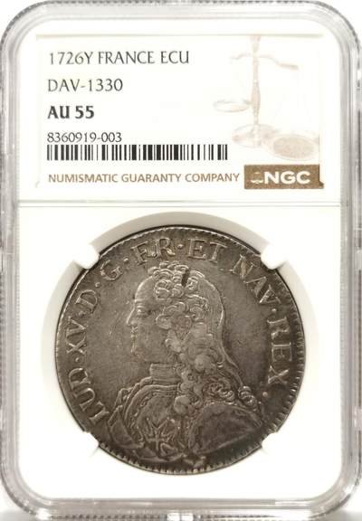博洋堂世界钱币拍卖第143期（全场包邮） - NGC AU55 法国1726年路易十五大银币，三百年的老银币，包浆原汁原味，状态精美。