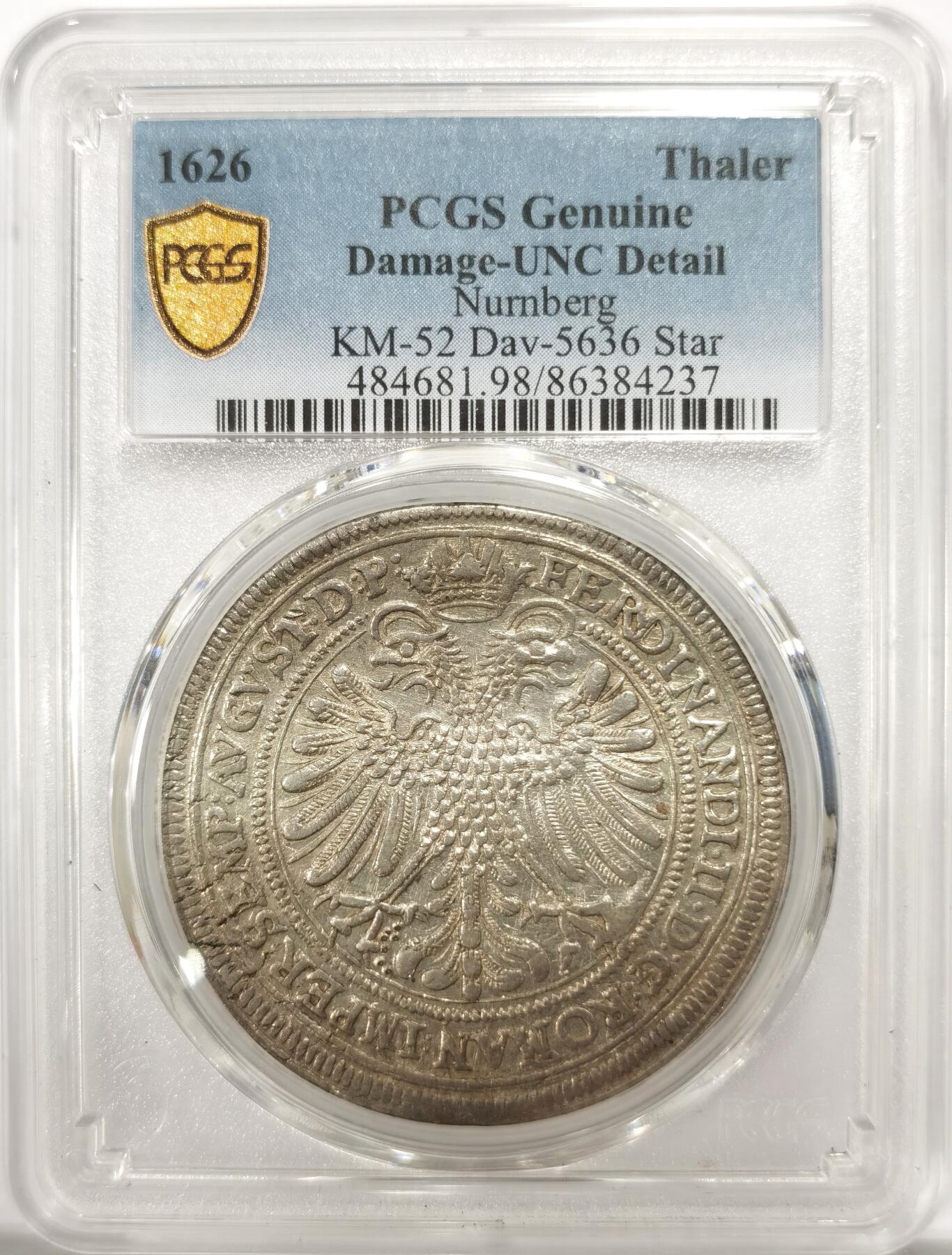 博洋堂世界钱币拍卖第143期（全场包邮） PCGS UNCD 神罗纽伦堡1626年双头鹰大泰勒银币，四百年老银币，打制清晰，羽毛饱满。