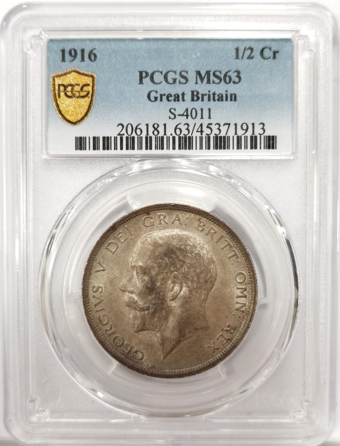 博洋堂世界钱币拍卖第143期（全场包邮） PCGS MS63 英国1916年乔五半克朗银币，币面状态完美，呈现如丝绸般光泽，绝对收藏佳品
