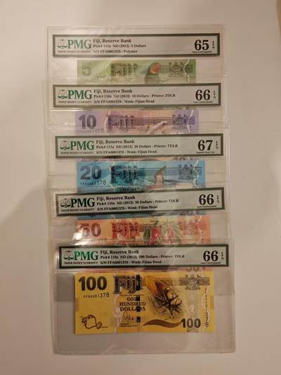 【礼羽收藏】🌏世界钱币拍卖第108期 - 【PMG65-67】大洋洲，斐济，5、10、20、50、10全套面值，全同号